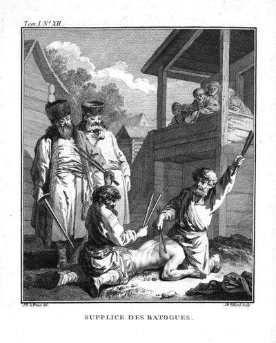 Punizione con batogs. Da Voyage en Sibérie, 1766 da Jean Baptiste Le Prince