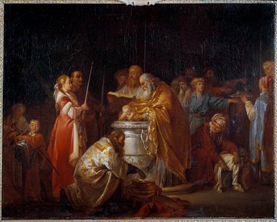 Battesimo russo, un pope ortodosso battezza un bambino davanti ai suoi genitori da Jean Baptiste Leprince
