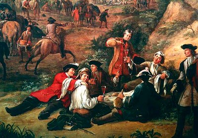 Gruppo di soldati che bevono, dettaglio della Veduta del Quartier Generale del Principe di Conti tra San Sebastian e Hondarribia, giugno 1719 (dettaglio) da Jean Baptiste Martin