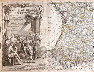 Mappa di Guienna e Guascogna, con un ritratto di Luigi XIV circondato da personaggi allegorici da Jean Baptiste Nolin