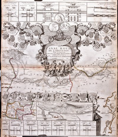 Mappa del Canal du Midi, con i suoi acquedotti da Jean Baptiste Nolin