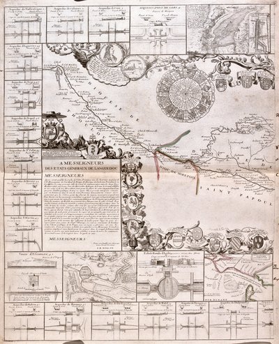 Mappa del Canal du Midi, con i suoi acquedotti da Jean Baptiste Nolin