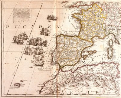 Mappa dei paesi del Mediterraneo occidentale: Francia, Spagna, Portogallo e Nord Africa, con le Baleari, la Corsica e la Sardegna da Jean Baptiste Nolin