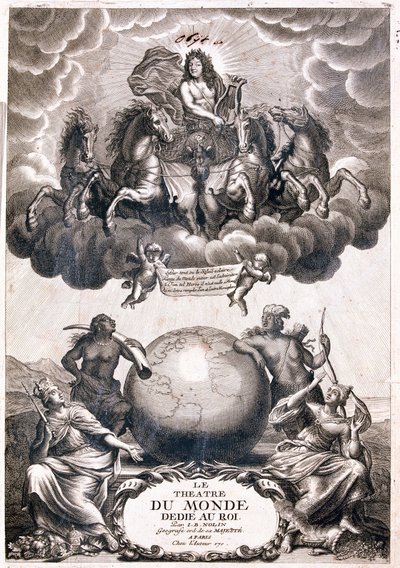 Ritratto di Luigi XIV, che vola sopra un globo terrestre, frontespizio (incisione) da Jean Baptiste Nolin