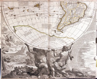 Due uomini sostengono il globo terrestre, con la mappa del Sud America da Jean Baptiste Nolin
