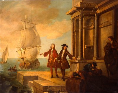 Mercanti europei con scaricatori che maneggiano una botte e una balla su un molo da Jean Baptiste Oudry