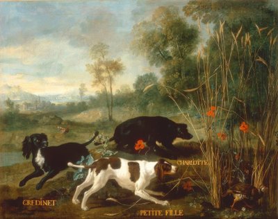 Gredinet, bambina e Charlotte, tre spaniel di Lou da Jean Baptiste Oudry