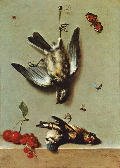Natura morta con tre uccelli morti, ribes, ciliegie e insetti da Jean Baptiste Oudry