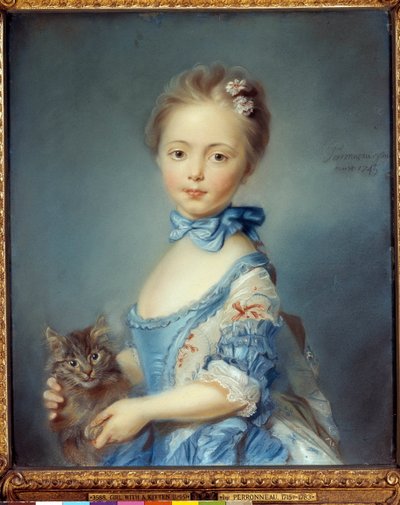 Ritratto della giovane ragazza con il gatto da Jean Baptiste Perronneau