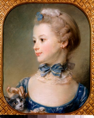 Ritratto di una bambina con un gatto. La giovane ha un nastro e un velo leggero intorno al collo con un nodo e accarezza la testa di un gatto con la punta delle dita. Dipinto a pastello di Jean-Baptiste Perroneau da Jean Baptiste Perronneau