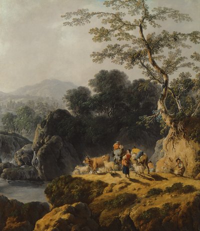 Paesaggio di una valle fluviale con pastori e viaggiatori da Jean Baptiste Pillement