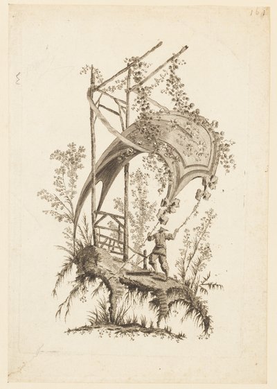 Figura che tiene due angoli di una tenda, da "Recueil des Tentes Chinoises" da Jean Baptiste Pillement