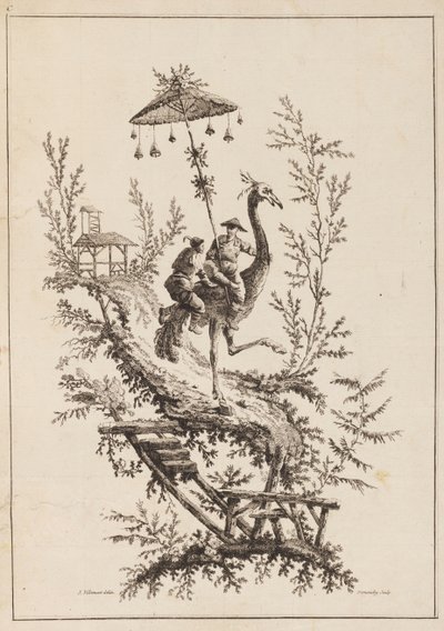 Cavalieri di struzzo, tavola da un set di rappresentazioni di chinoiserie da Jean Baptiste Pillement
