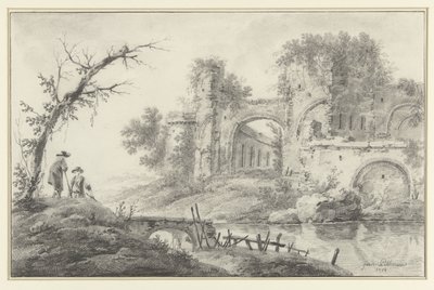Rovina su un fiume con due contadini da Jean Baptiste Pillement