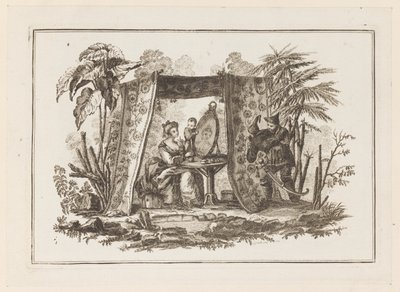 Donne che si guardano allo specchio, da "Nouveau Cahier de Six Feuilles De Différents Sujets Chinois Historiés" da Jean Baptiste Pillement
