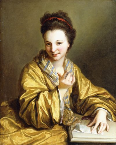 Una giovane donna, che indossa una veste gialla, seduta a un tavolo, che fa cenno, 1703 da Jean Baptiste Santerre