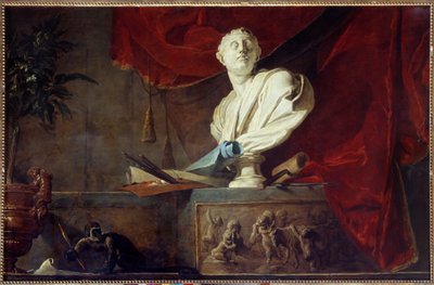 Allegoria delle Arti Natura morta con busto scolpito, tavolozza e pennelli, tela, rullo da Jean Baptiste Simeon Chardin