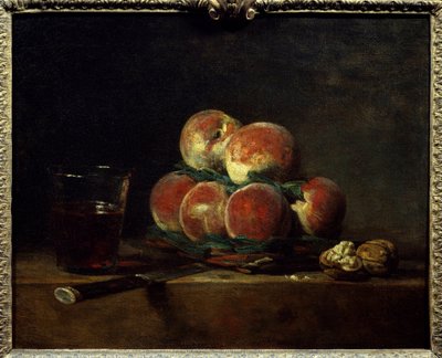 Cesto di pesche con noci, coltello e bicchiere di vino da Jean Baptiste Simeon Chardin