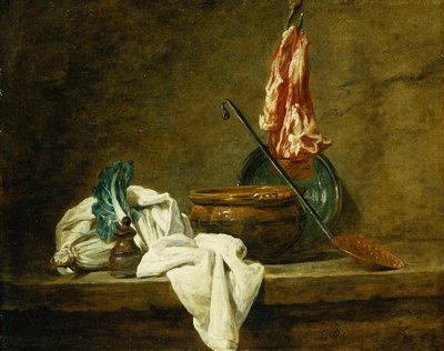 Barbabietole, una Scatola di Spezie, un Panno, una Pentola, un Piatto di Terracotta Smaltata, uno Schiumarola, con Carne su un Gancio, su un Ripiano, 1734 da Jean Baptiste Simeon Chardin