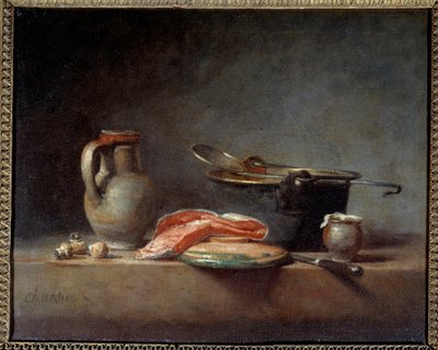 Pentola di rame, schiumarola, brocca e fetta di salmone. Natura morta da Jean Baptiste Simeon Chardin