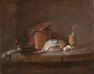 Utensili da cucina con porri, pesce e uova, c. 1734 da Jean Baptiste Simeon Chardin