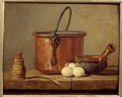 Utensili da cucina, calderone, padella e uova da Jean Baptiste Simeon Chardin
