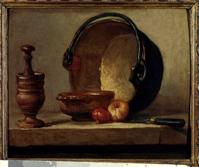 Natura morta con mortaio e cipolle da Jean Baptiste Simeon Chardin