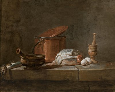 Porri, una casseruola con un panno, una pentola di rame e un coperchio, una cipolla e uova con pestello e mortaio, su un ripiano di pietra da Jean Baptiste Simeon Chardin