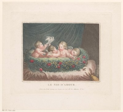 Quattro putti con due colombe in un cesto di rose su un cuscino da Jean Baptiste Verite