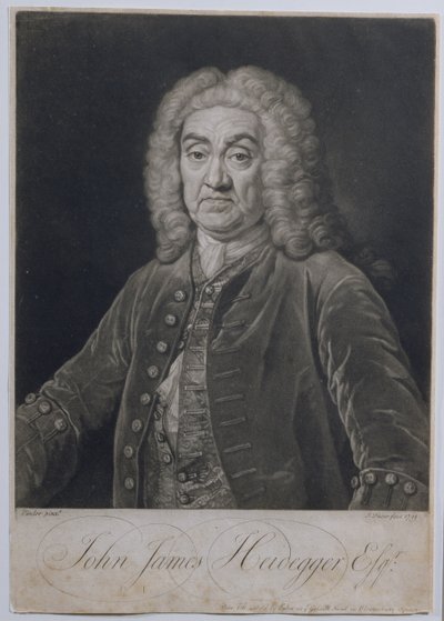 Ritratto di John James Heidegger (1666-1749), impresario svizzero a Londra, inciso da John Faber (1684-1756), 1749 da Jean Baptiste van Loo