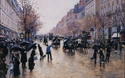 Boulevard Poissonière sotto la pioggia, ca. 1880 da Jean Beraud