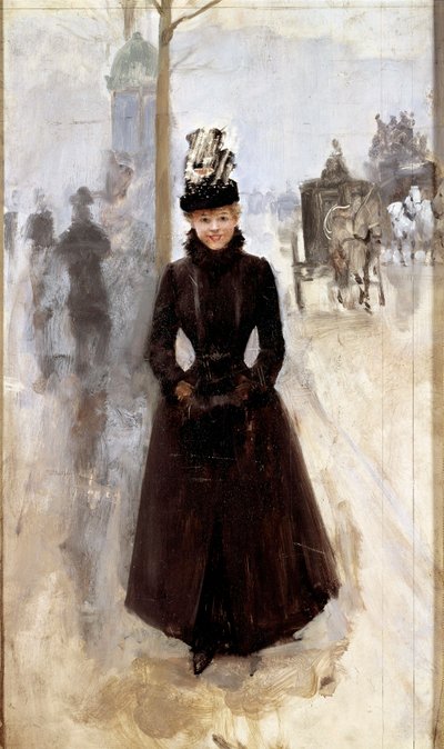Parigina sul boulevard o donna con manicotto da Jean Beraud