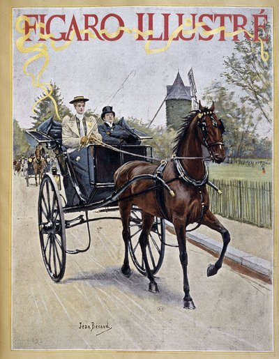 Donna che guida una carrozza con uomo seduto accanto - copertina di "Figaro Illustré" da Jean Beraud