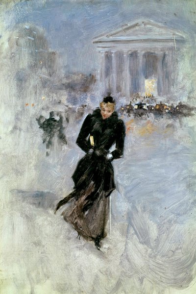 Giovane donna elegante con il boa in rue Royale a Parigi da Jean Beraud