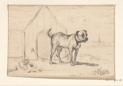 Cane al guinzaglio, in piedi davanti alla sua cuccia da Jean Bernard