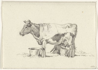Mucca in piedi, con secchio del latte e sgabello per mungere da Jean Bernard
