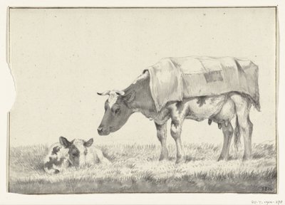 Mucca in piedi, verso sinistra, con vitellino sdraiato da Jean Bernard