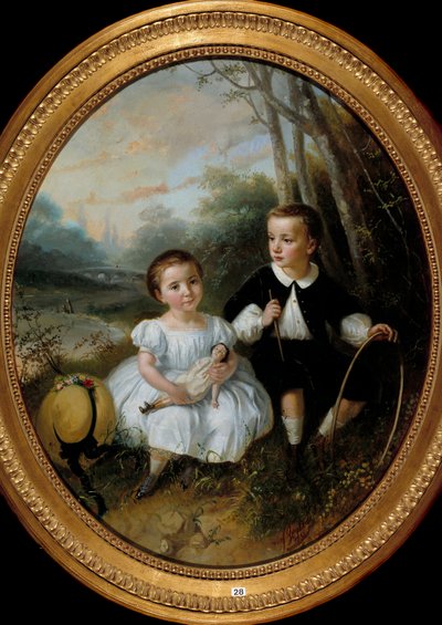 Il bambino con il cerchio Dipinto di Bertou 1863 Collezione privata da Jean Bertou