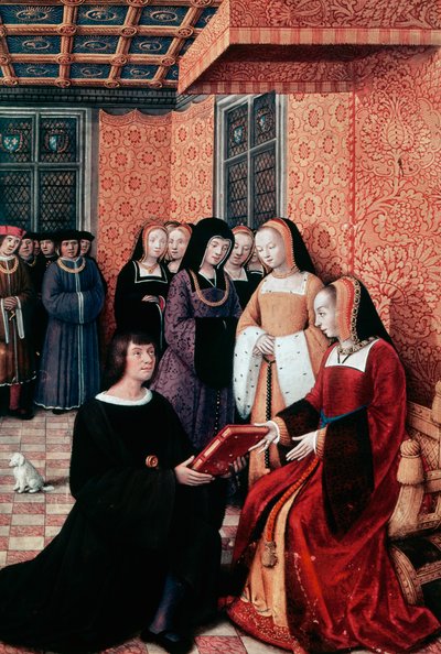 Il poeta Jean Marot (1450-1526) consegna il suo lavoro Voyage to Genoa ad Anna di Bretagna (1477-1514), ca 1508, miniatura di Jean Bourdichon (1457-1521). Francia da Jean Bourdichon