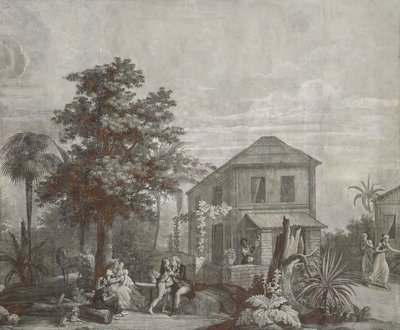 Tempo in famiglia, pannello di carta da parati dalla serie "Paul et Virginie", di Dufour & Cie, c.1823 da Jean Broc