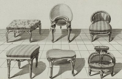 Tabourets, Bidets de Toilette, Marchepied, pubblicato a metà degli anni 1770 da Jean Charles (after) Delafosse