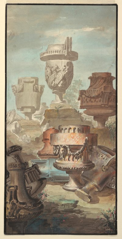 Disegno, Fantasia di rovina: Vasi e urne, 1770 da Jean Charles Delafosse