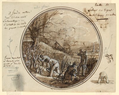 Design per un piatto di porcellana dipinto, Taglio e lavoro nella vigna da Jean Charles Develly