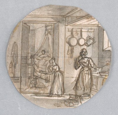 Progetto per un piatto di porcellana dipinta, scena di cucina con camera da letto sul retro, possibilmente per il Service des Objets de Dessert da Jean Charles Develly