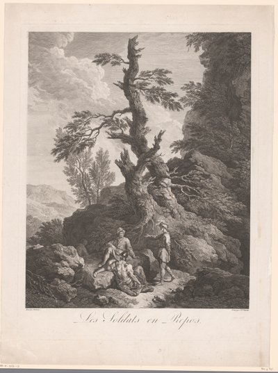 Soldati a riposo davanti a un albero in un paesaggio roccioso da Jean Charles Levasseur