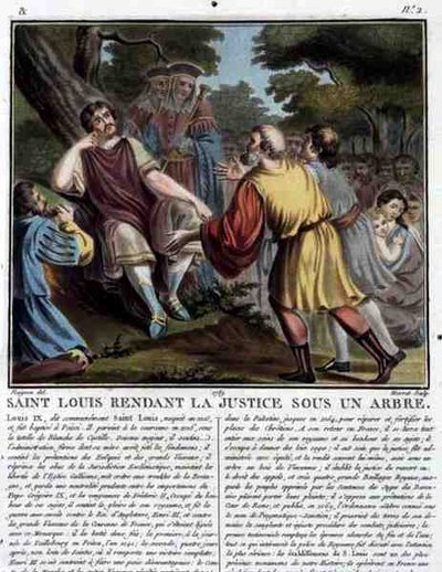 San Luigi Amministra Giustizia Sotto un Albero, inciso da Jean Baptiste Morret 1789 (incisione colorata) da Jean Claude (after) Naigeon