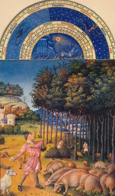 Novembre - nutrire i maiali con le ghiande, XV secolo, 1939 da Jean Colombe