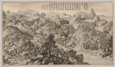 Battaglia a Yixier Kuernaoer: dalle Scene di battaglia della repressione delle ribellioni..., c1765-1774 da Jean Damascene Sallusti