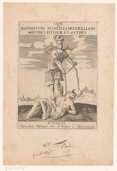 Minerva lega la Stupidità con una corda (Pagina del titolo per: s.n., Livre de portraiture receuilli des excellens maistres d’Italie et autres, ca. 1627) da Jean Dubrayet
