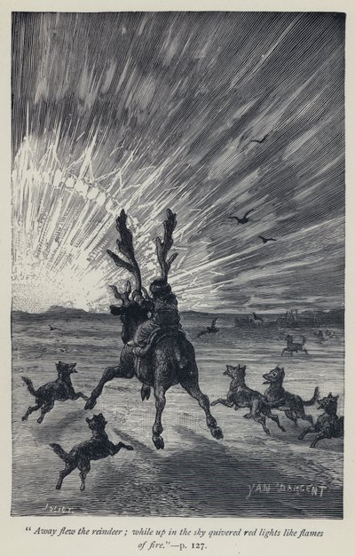 "Via volarono le renne, mentre nel cielo tremolavano luci rosse come fiamme di fuoco" (incisione) da Jean Edouard Dargent